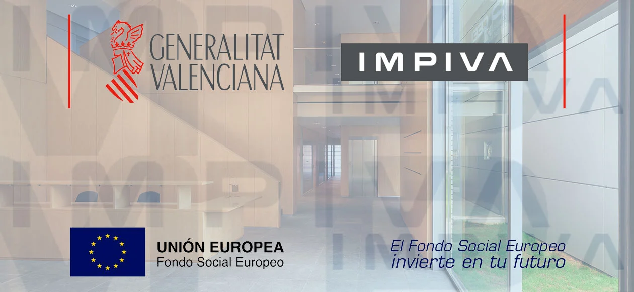 Logo of IMPIVA, a Valencian government initiative, in partnership with the European Social Fund, promoting innovation and business growth.