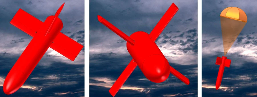 Sequence of a red missile in different stages of deployment, demonstrating aerial fire suppression technology using air-to-ground missiles.
