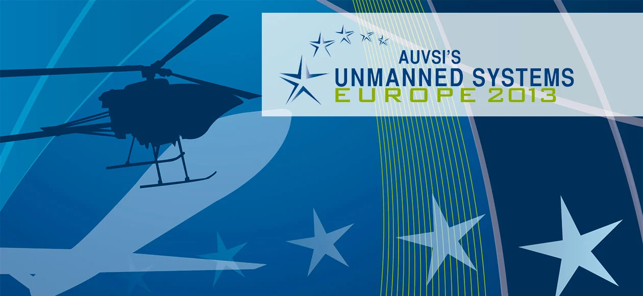 A graphic of a helicopter silhouette set against a blue background, promoting the AUVSI's European Unmanned Systems conference.