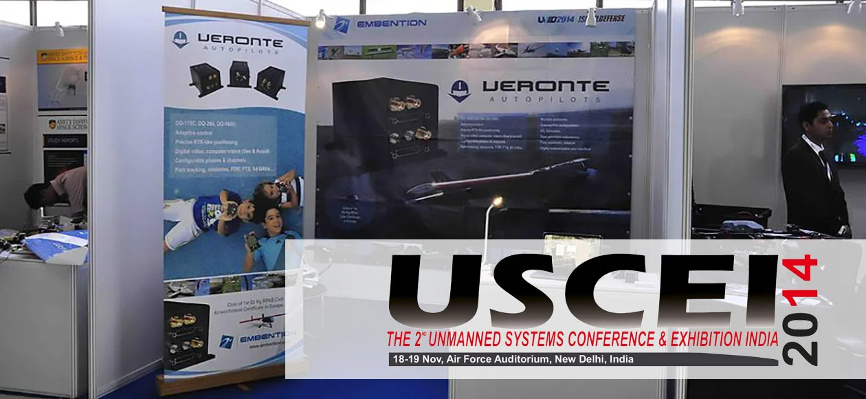 Booth showcasing Veronte autopilots at the 2nd Unmanned Systems Conference & Exhibition India, highlighting drone technology advancements.