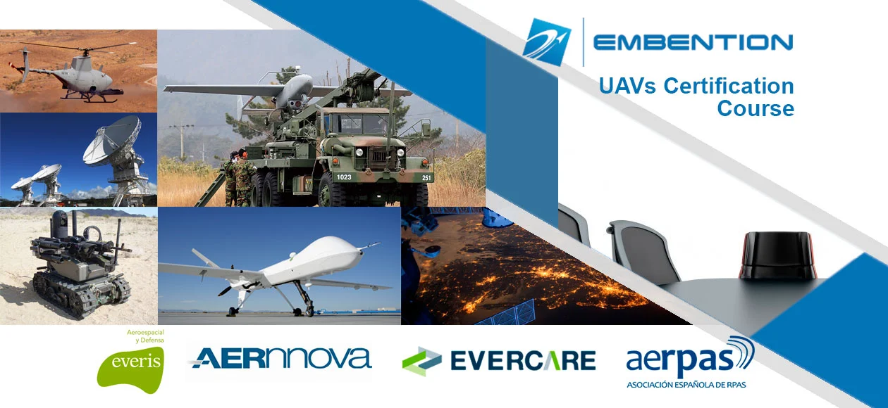 A promotional image for a UAV certification course by Embention, featuring various military and civil drone technologies.