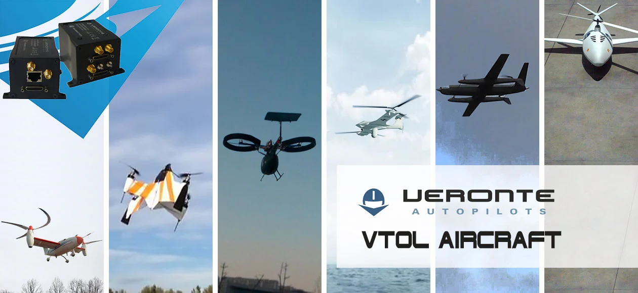 Collage of Veronte-controlled VTOL aircraft in various flight modes.