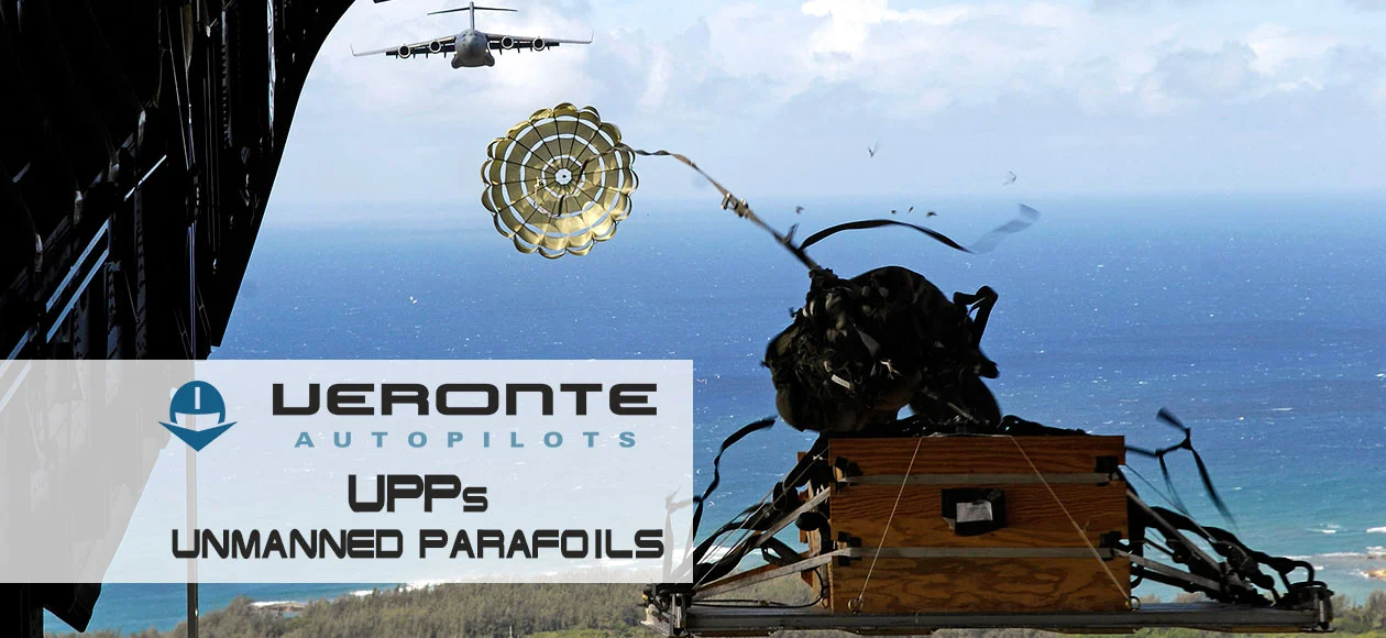A parafoil system deploying from an aircraft over the ocean, showcasing Veronte Autopilots' unmanned parafoil technology.