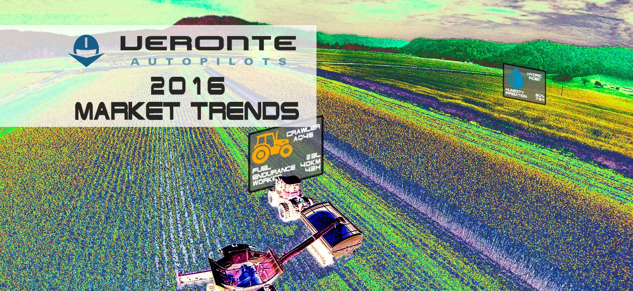 Graphic depicting drones over farmland, highlighting 2016 market trends in UAV technology.