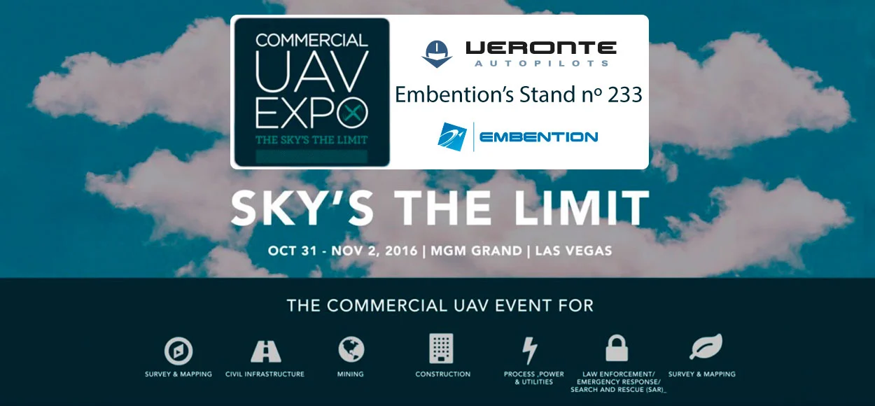 Embention's booth at the Commercial UAV Expo 2016, highlighting UAV solutions for various industries in Las Vegas.