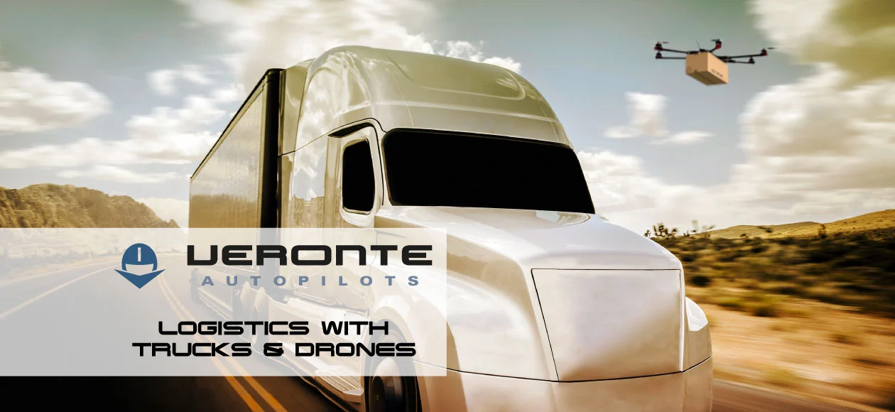 A truck on the road accompanied by a drone delivering a package, showcasing coordinated logistics using Veronte Autopilots.