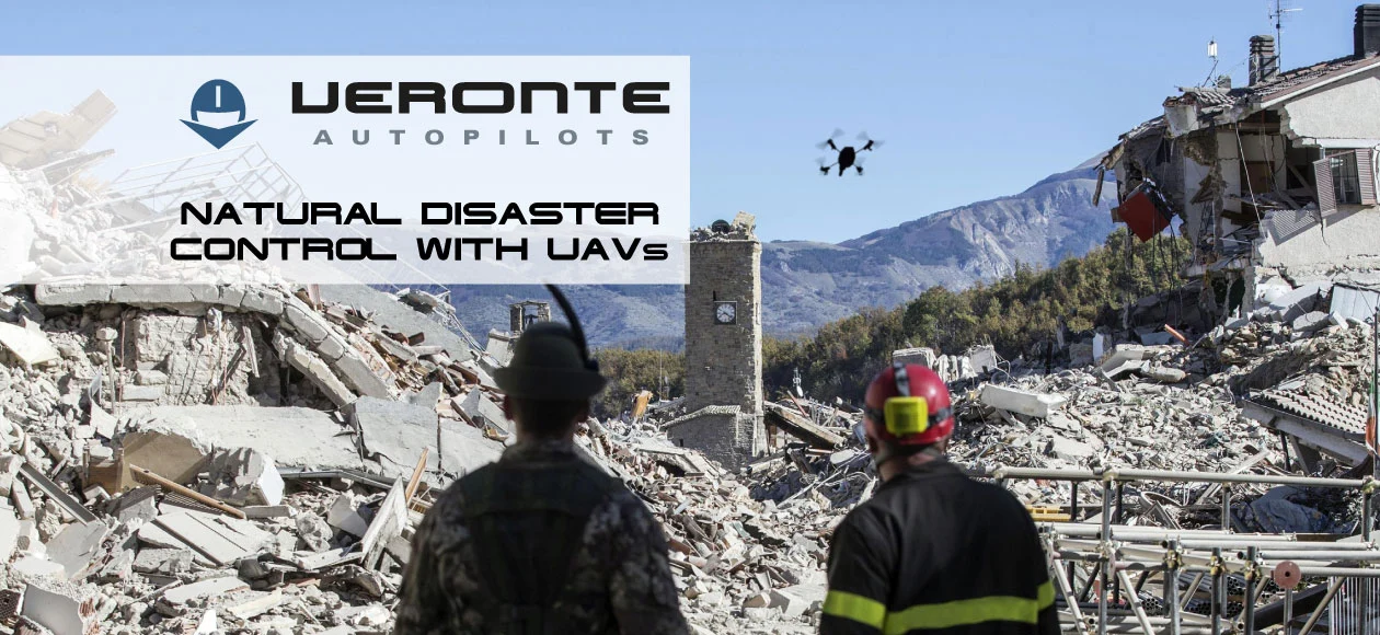Rescue workers observe UAVs deployed for disaster management amidst earthquake-damaged buildings.