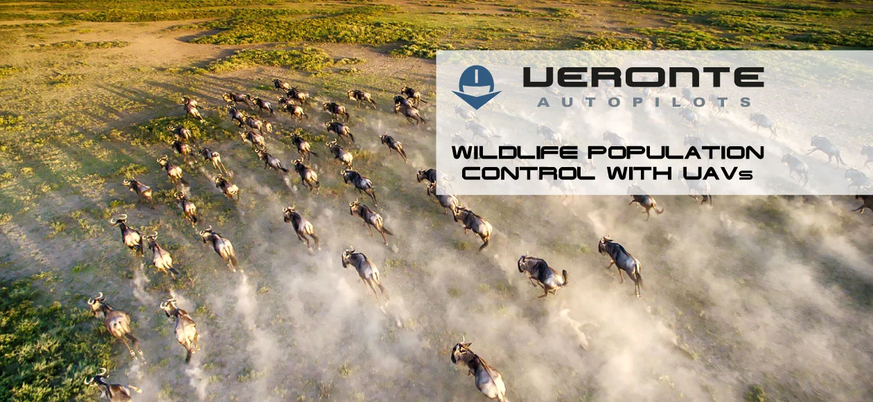 Aerial view of a herd of antelope running through a dusty field, with a promotional overlay for Veronte Autopilots on wildlife control.
