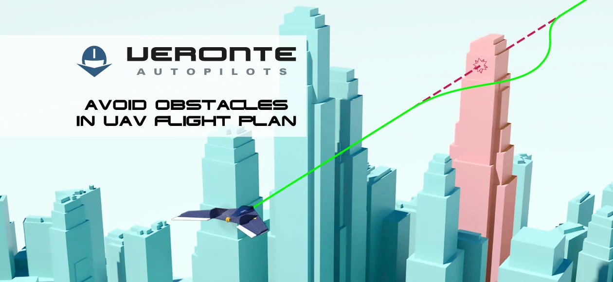 Veronte Autopilots demonstrates obstacle avoidance in UAV flight plans. The image shows a UAV navigating through a cityscape, adjusting its path to avoid a collision.