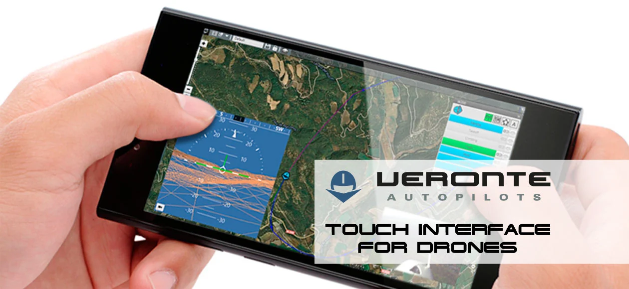 Image of a smartphone displaying a drone control interface with maps and flight data for Veronte Autopilots.