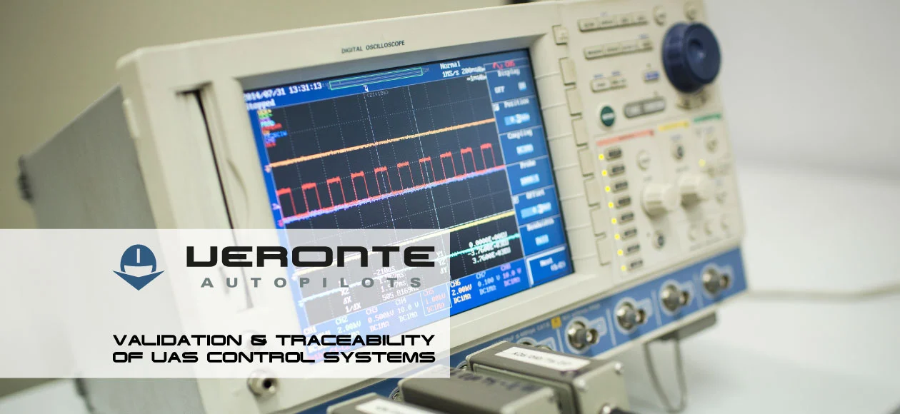 Close-up of an oscilloscope screen displaying electronic signals, highlighting the importance of validation and traceability in UAS control systems, with the Veronte Autopilots logo.