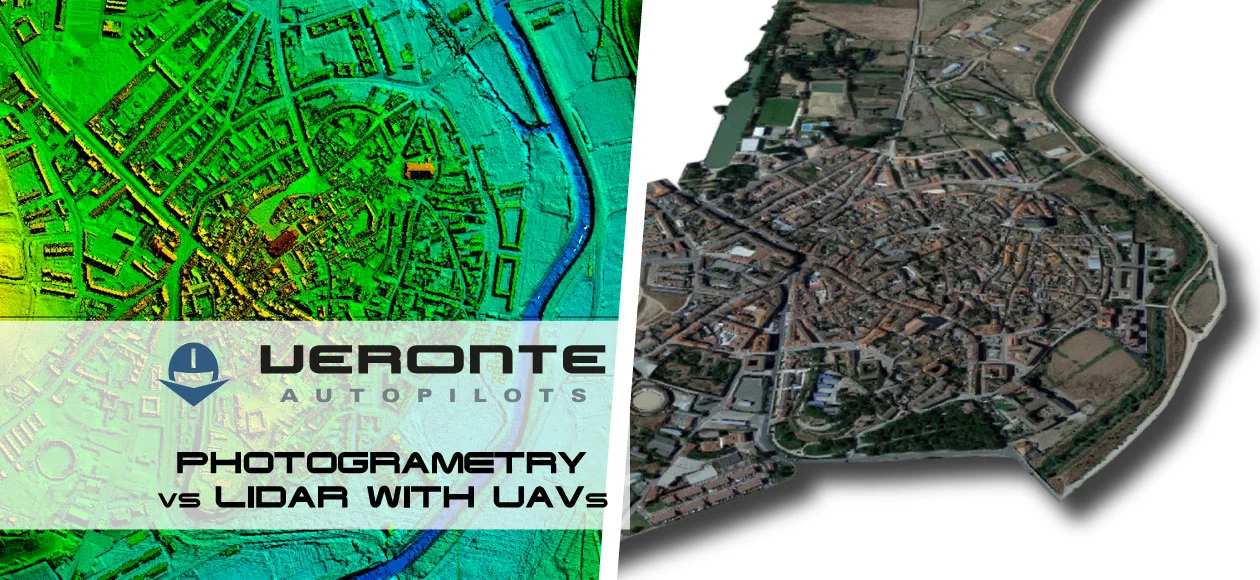 Comparison of photogrammetry and LiDAR mapping using UAVs, showcasing detailed color-coded topographic maps and 3D aerial imagery. Veronte Autopilots logo displayed.