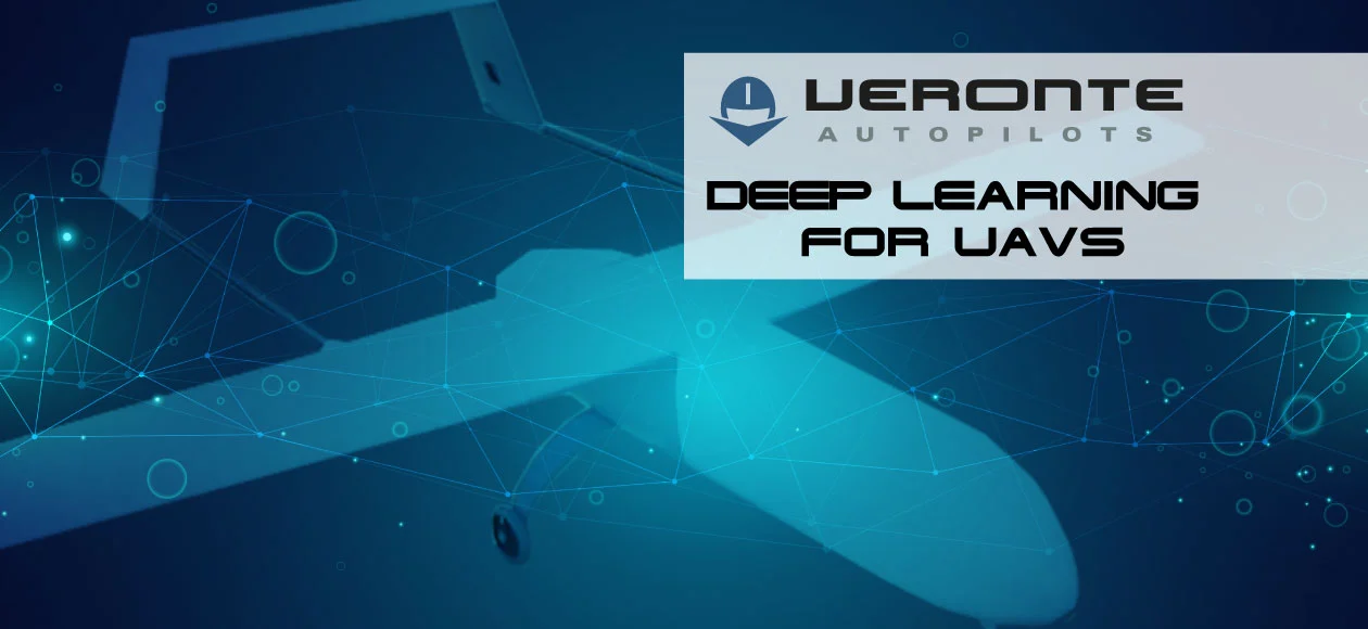 This image shows a dark blue technological background with interconnected network lines and geometric shapes. In the center, there's a logo for "Veronte Autopilots" with text emphasizing "Deep Learning for UAVs," indicating the use of AI in unmanned aerial vehicle systems.