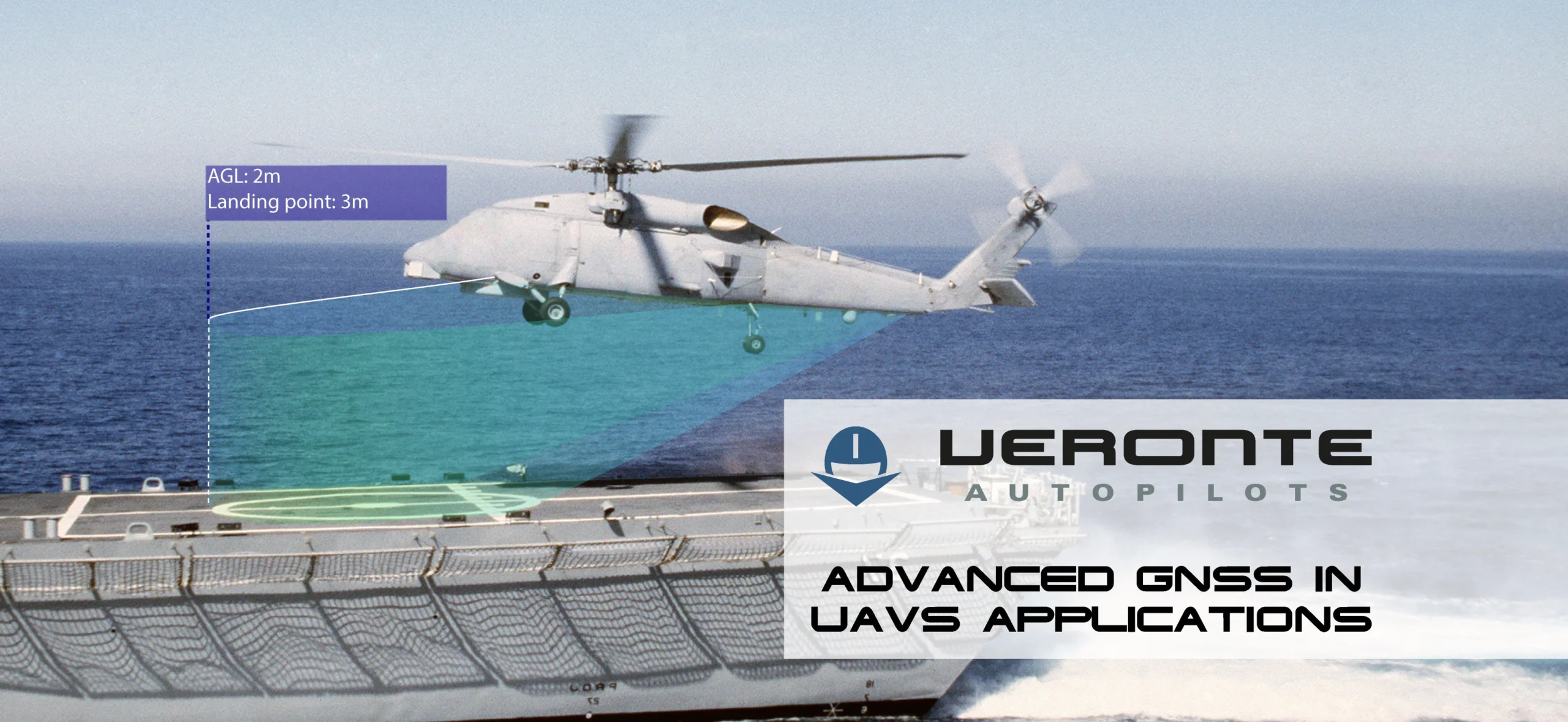 A drone equipped with advanced GNSS technology hovers near the landing point on a ship's deck over the ocean, demonstrating its precision in UAV applications.