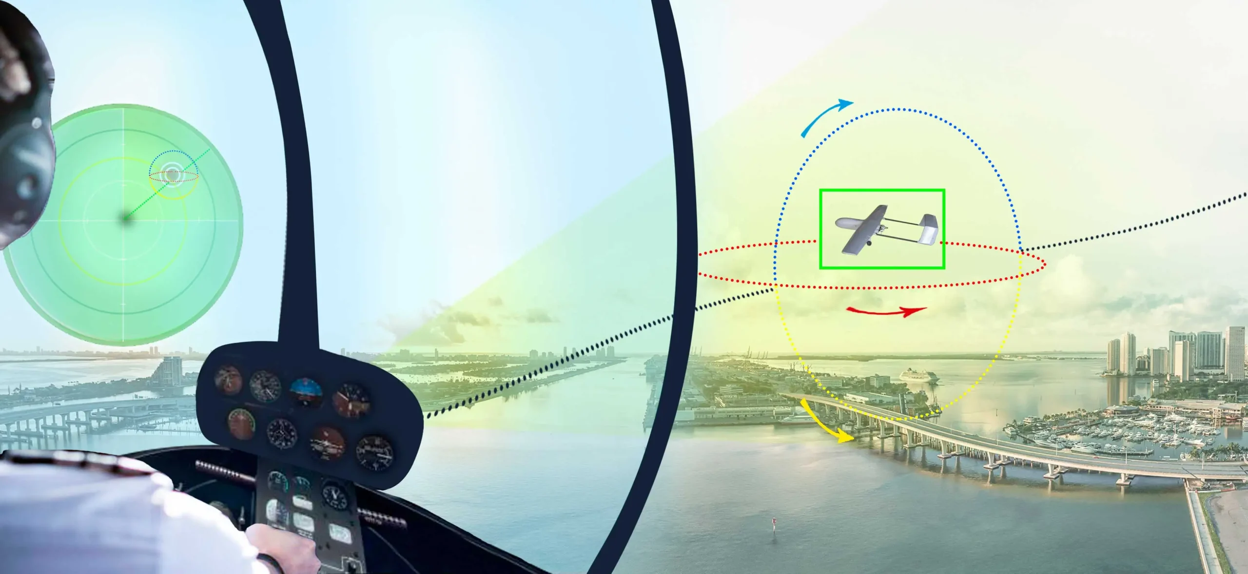 Conceptual image showing the 'Detect and Suggest' system for eVTOL aircraft, with a pilot's view of a radar screen detecting another aircraft and suggesting avoidance maneuvers over a city landscape.