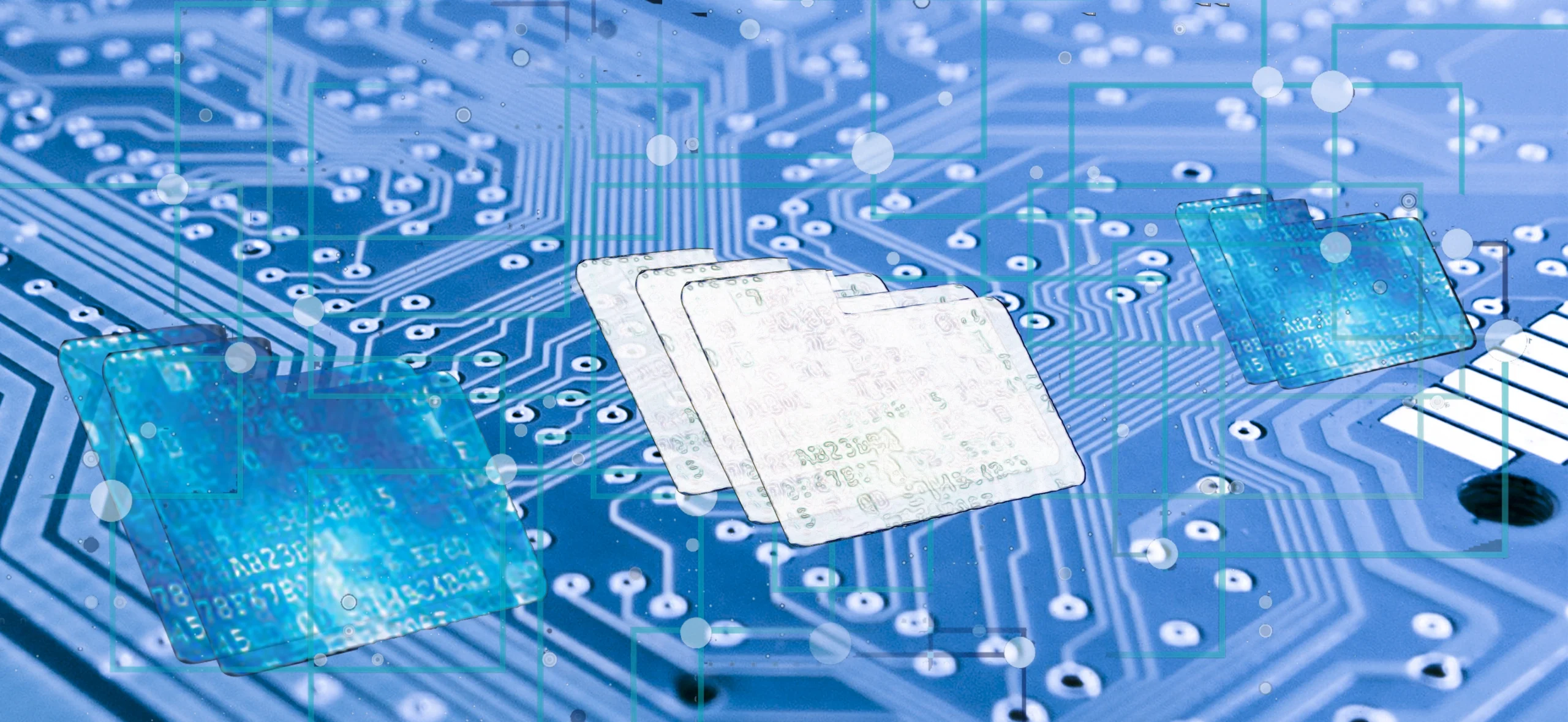 Close-up image of an electronic circuit board with digital representations of fixed-size files, illustrating the concept of the DFS2 deterministic file system for embedded systems.