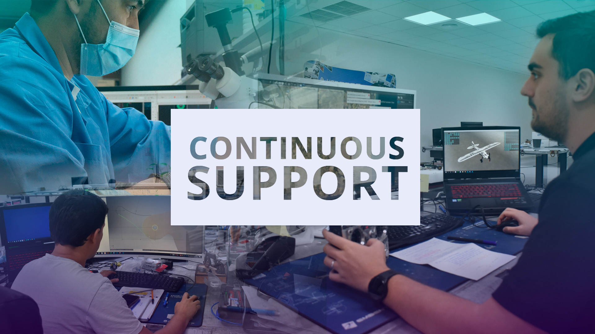 laboratory worker with support sign