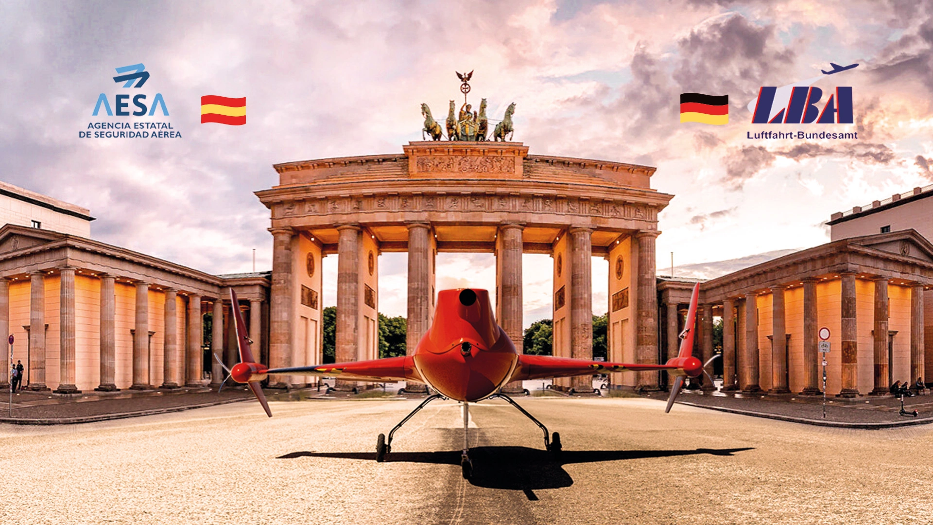 eVTOL in front of the The Brandenburg Gate and Spanish and German flags on the upper corners.