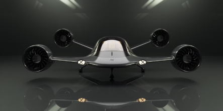 Front view of the Altovolo Sigma eVTOL aircraft, showcasing its sleek black design with a transparent cockpit and four large ducted fans mounted on angled arms, set against a dark reflective studio background.
