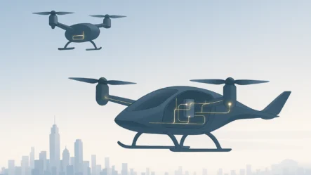 Illustration of drone and eVTOL aircraft flying above a city skyline, with visible glowing lines showing internal systems.