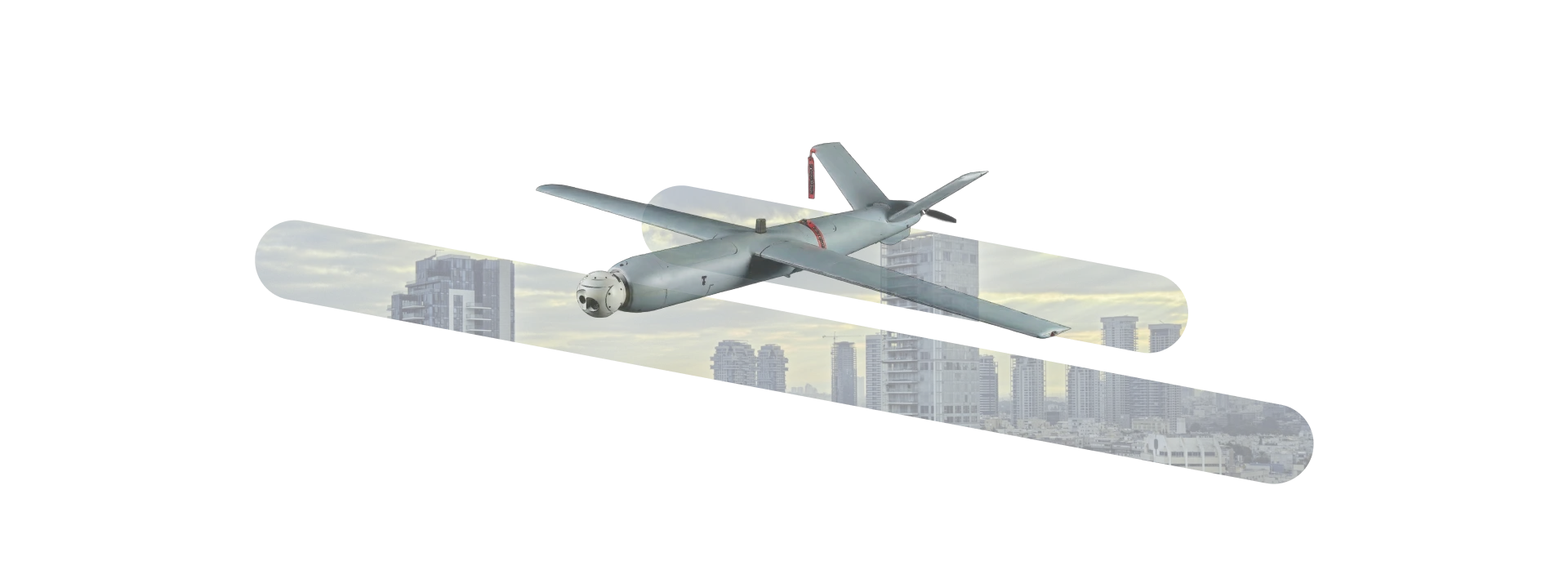 Surveillance drone with camera gimbal over a city skyline, representing the autopilot flexibility for any vehicle layout
