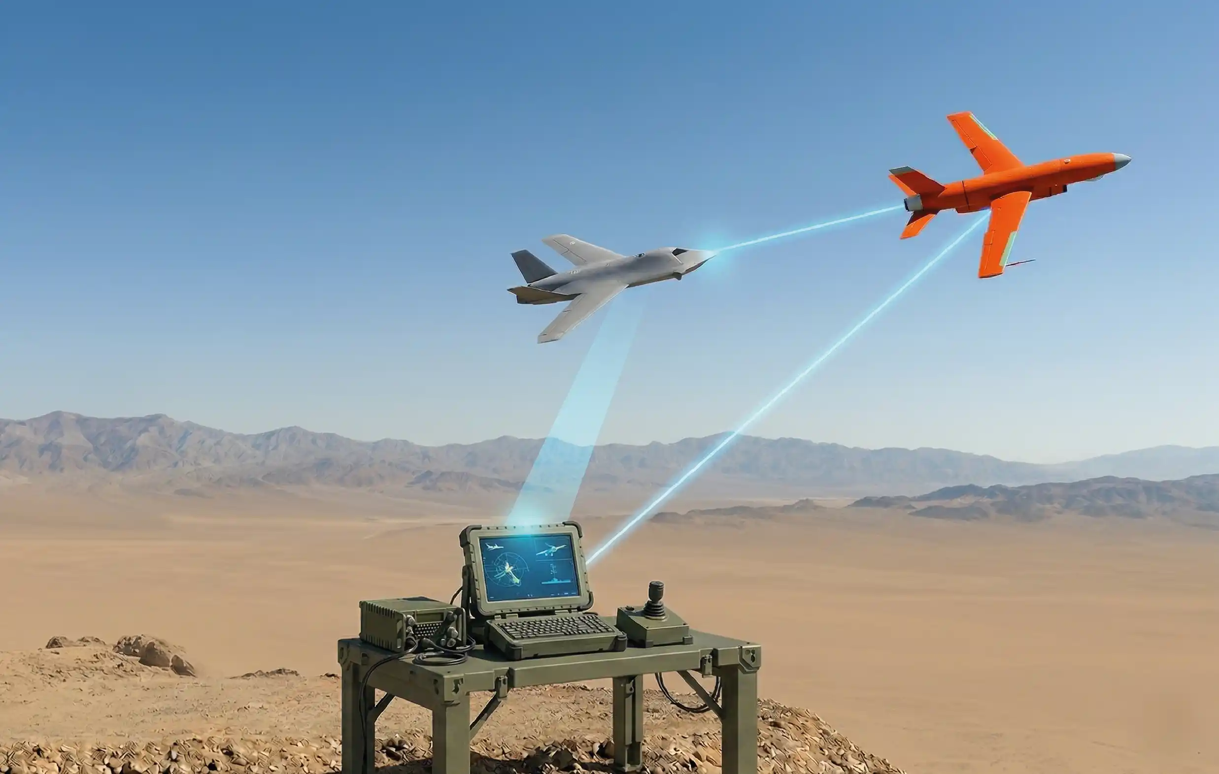 Radar-slaved navigation diagram showing a ground control station linked via data beams to an interceptor drone and a target in flight.