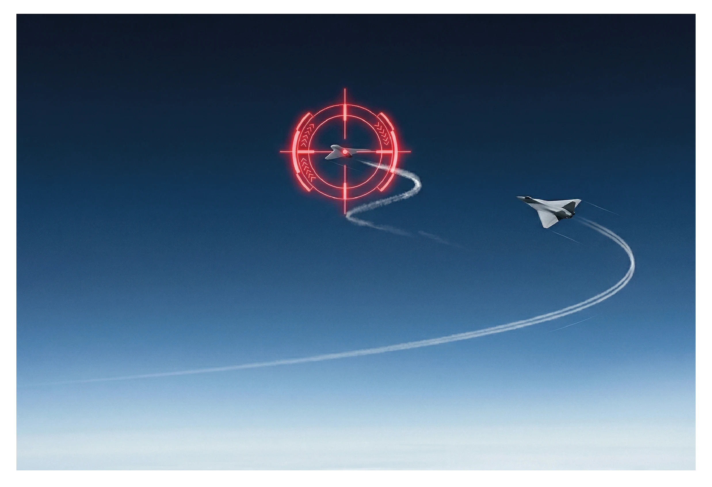 Interceptor aircraft performing high-G banking maneuvers to lock a red target reticle onto an agile UAV in mid-air.