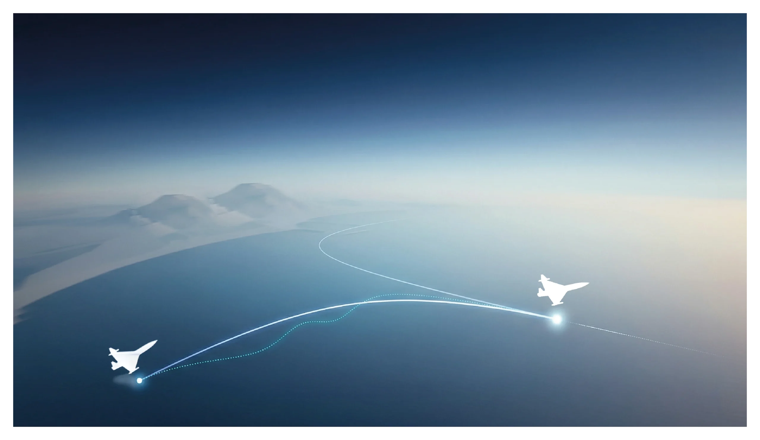 Interceptor aircraft following a calculated flight path to lock onto an intruder signature for high-precision engagement.